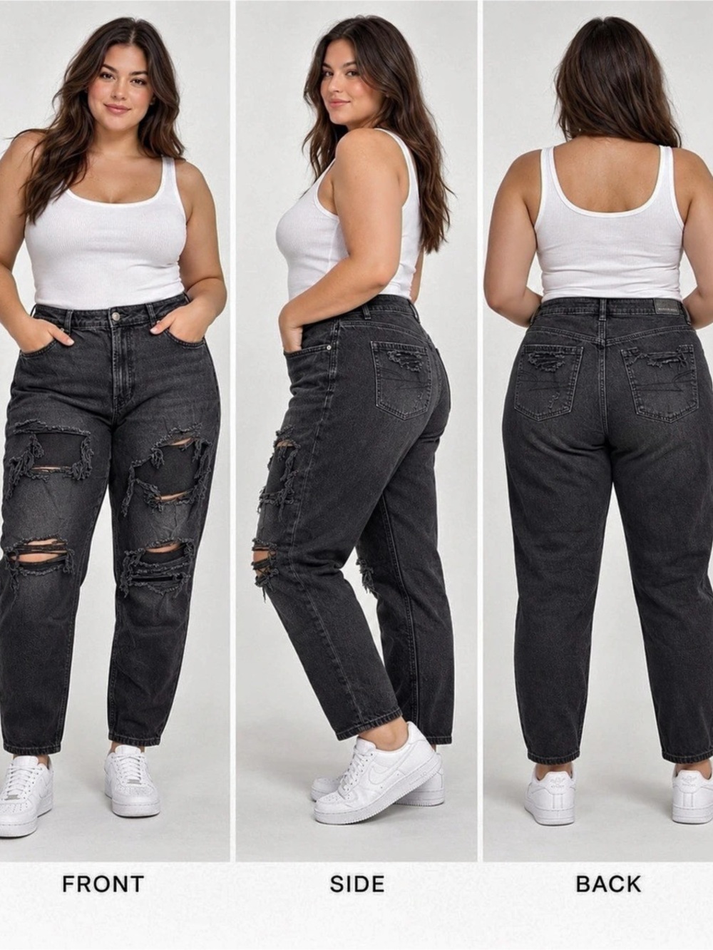 American Eagle Curvy Mom Jeans Women’s 16 Regular Black Distressed High Rise Str